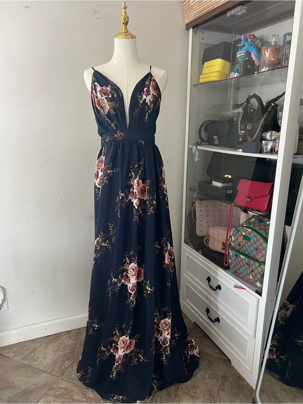 Floral Deep V Navy Maxi Dress